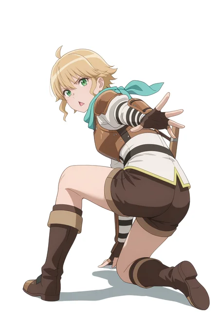 Smooth Quality,masterpiece,very intricate, high quality details, ultra realistic, high detailed skin,
simple background, white background,
from behind,diamond mouth,kamina pose,kneeling, one hand on ground, reaching forward, focused, tense, ,
<lora:Rembrandt_Yunocnn:0.8> rembrandtyuno/cnn, blonde hair, solo, green eyes,1girl,aqua scarf,
armor, shorts,boots,