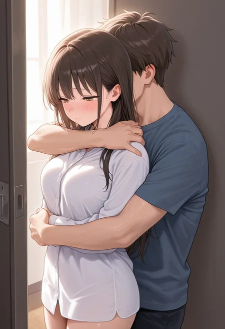 masterpiece, best quality, amazing quality, 1girl, 1boy, hug, hug from behind, boy behind, front shot,