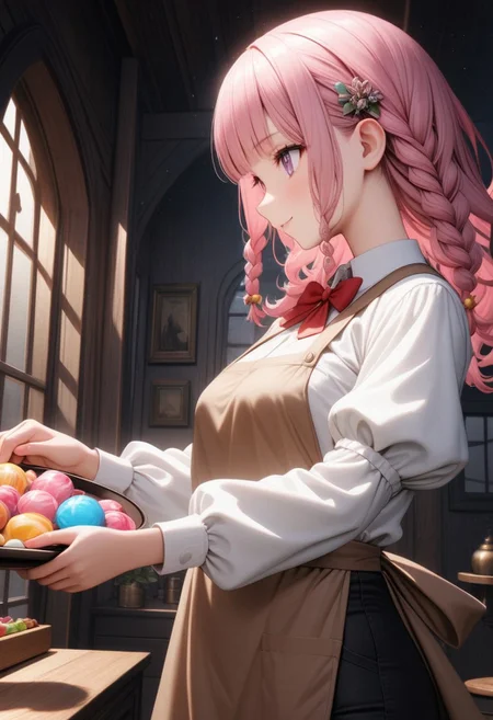 ((masterpiece), (best quality), (ultra-detailed),
illustration, 3DMM,
1girl, solo, pink hair, blunt bangs, curly hair, red bowtie , indoor, puffy sleeves,
white shirt, black pants, brown apron,
holds a tray with both hands, big candy on tray, lilac eyes,
Indoor, candy,
glossy, delicate frame, angelic appearance,
from side-below, in profile, hair ornament,chiaroscuro shading, perfect body, dim natural light, night, window,
absurdres, soft smile, cowboy shot,
sharped eyes, sharp focus, delicate frame, angelic appearance, side braids, night, darkness)