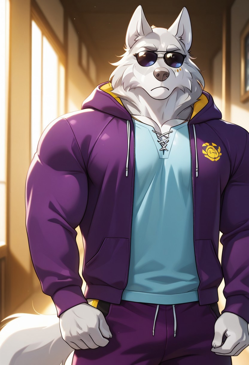 <lora:LugV5:1>, Lug_(anhes), wolf boy, white fur, yellow eyes, perfecteyes, eye marking, furry male, furry, muscular male, bara, athletic build, large pectorals, beautiful, hyper-detailed, 1boy, solo, highres, amazing quality, very aesthetic, dynamic lighting, detailed background, light blue shirt, purple hoodie, purple pants, hood, toeless shoes, feet out of frame, frown, jewelry, sunglasses, close up, face focus, portrait