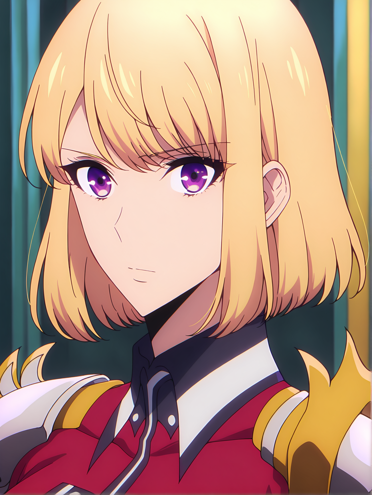 <lora:Cha_Hae-in:1> cha_hae_in, 1girl, solo, short blonde hair, purple eyes, red uniform, armor, shoulder armor, epaulettes, intense gaze, focused, standing, composed posture, portrait, indoor background, dramatic lighting, armor highlight, looking at viewer