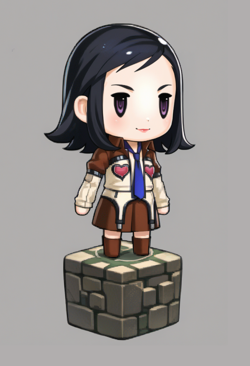 score_9, score_8_up, score_7_up, source_anime, 1girl, solo, smile, closed mouth
<lora:zs_PictlogicaStyleXL:1> ffpictlogicastyle, chibi, full body, faux figurine
<lora:zs_MayaXL:1> mayap2, medium hair, black hair, purple eyes, lipstick, jacket, hearts, blue necktie, skirt, knee boots