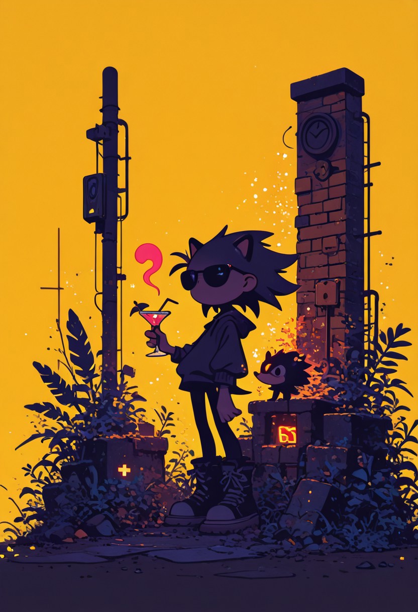highres, very detailed, amazing quality, masterpiece,
very aesthetic, RBL-Illu, Flatline, Flat vector illustration,
particle effect, Cinematic, (flat lighting, flat color, flat design, no lineart:1),
a little fat hedgehog, sunglasses, holding cocktail, yellow brick wall as background, yellow background, bricks