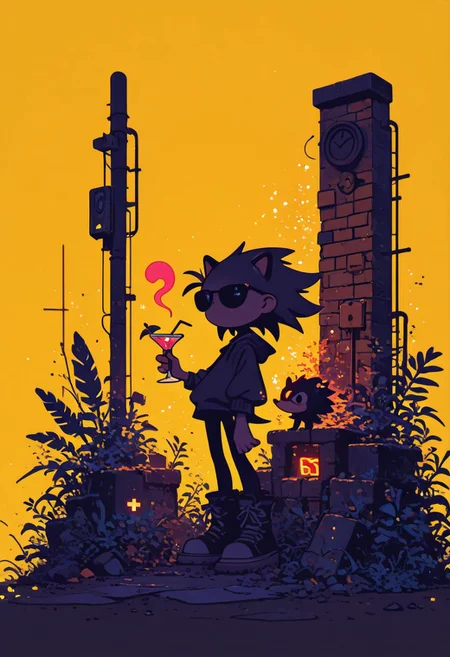 highres, very detailed, amazing quality, masterpiece,
very aesthetic, RBL-Illu, Flatline, Flat vector illustration,
particle effect, Cinematic, (flat lighting, flat color, flat design, no lineart:1),
a little fat hedgehog, sunglasses, holding cocktail, yellow brick wall as background, yellow background, bricks