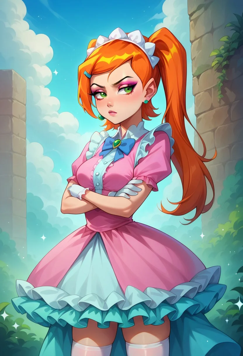 score_9, score_8_up, score_7_up, source_anime , 1girl, gwen tennyson (/Ben10)/, (ultra HD quality details), bright orange hair, green eyes, girly twintails, very long hair, masterpiece, best quality, absurdres, (pastel theme) magical girl, pink shiny dress, magical girl dress, sequins, madoka dress, petticoat, bell skirt, pastel colors, kawaii, frilled skirt, thighhighs, puffy dress, puffy short sleeves, gloves, tiara hairband, gem brooch, bow, ribbons, lace trim, frills, frilled fabric, sparkles, glitter, medium breasts,
lipstick, long eyelashes, eyeshadow, eyeliner, mascara, makeup,  
outdoors, nature, clouds, heart earrings, heart accessories, jewelry, frilled boots, solo, cowboy shot, looking to the side, half-closed eyes, pouty lips, pout, :T, crossed arms