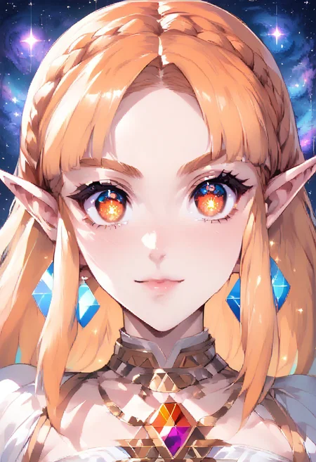 source_anime, colorful, score_9, score_8_up, score_8, (masterpiece), eyedetailxl, bettereyes, detailed_eyes, upper_body, bust, BREAK, 1girl, Princess Zelda, multicolored_eyes, (blue eyes:1.1), orange eyes, (galaxy_eyes:1.4), bright_pupils