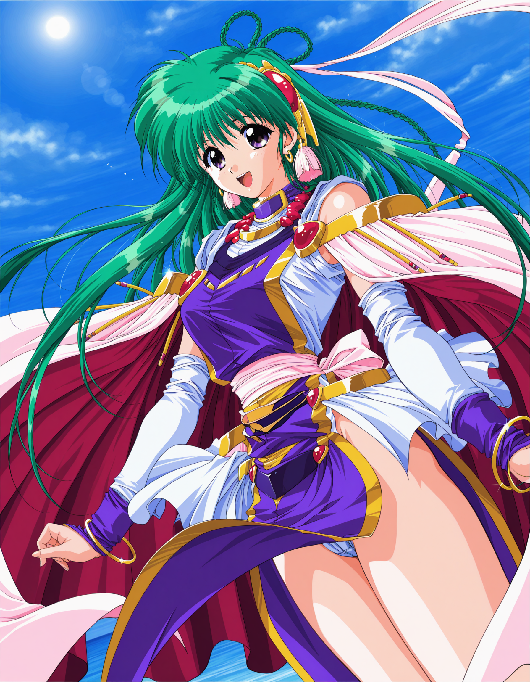 score_9, score_8_up, score_7_up, game cg, BREAK official art, solo, 1girl, one girl, 1990s (style), 
<lora:swatty:1>, swatty, long hair, green hair, purple eyes, brid, 
sensitive, 
dynamic angle, model poses, big smile,
 (masterpiece:1.3), best quality, high resolution, unity 8k wallpaper, extremely detailed CG, 8K,