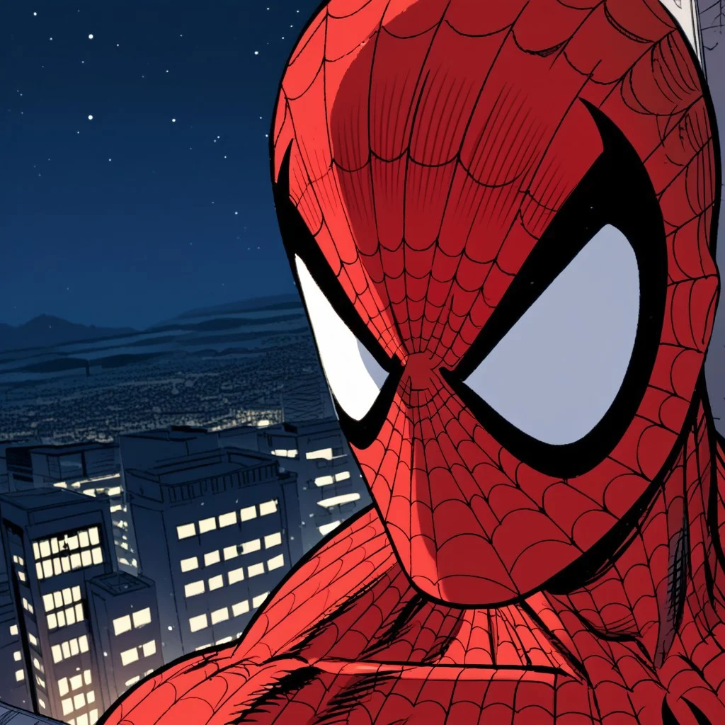 score_9,score_8_up,score_7_up,solo, 1boy, , spider-man,male focus, bodysuit, red bodysuit,  superhero,mask,skinny,rooftop,city ,night,in shadow,very dark,close up