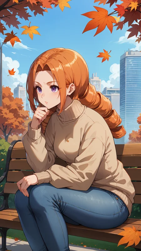 score_9,score_8_up,score_7_up,score_6_up, <lora:xl_more_art-full_v1:0.5>, source_anime, girl, dynamic pose, bent over, <lora:Sheila Ibarss - Pony:0.8>, long hair, orange hair, purple eyes, drill hair, sidelocks, beige sweater, turtleneck sweater, jeans, city park, autumn, autumn leaves, park bench, sitting,