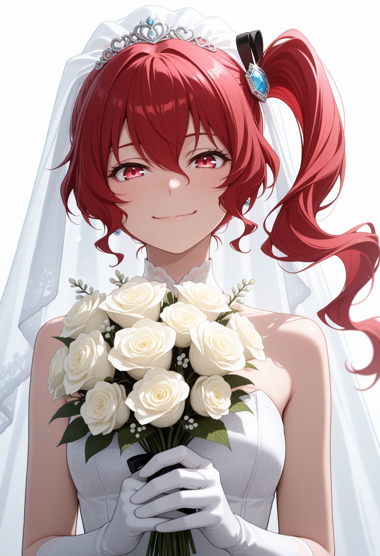 masterpiece,best quality,absurdres,highres,very aesthetic,high quality,detailed,insanely detailed,beautiful,perfect lighting, ,depth of field,blurry background,bokeh, looking at viewer,
<lora:Teruko Ôkura illu:1> 1girl, red hair, side ponytail, red eyes, long hair, TB_wedding_dress, TB_hair_ornament, TB_bridal_veil, TB_gloves BREAK, ((white background)), looking at viewer, smile,upper body, holding bouquet