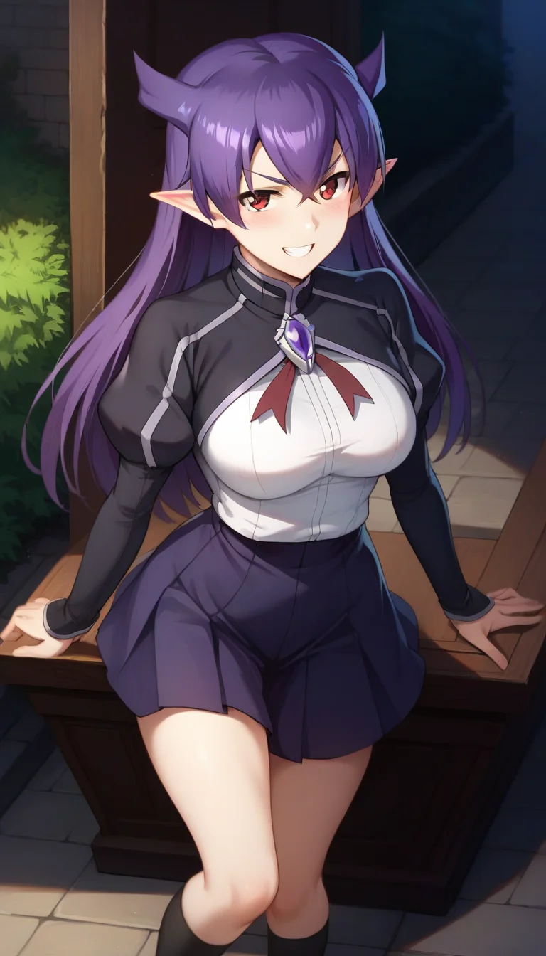 score_9,score_8_up,masterpiece,best quality,correct anatomy,anime_source,1girl,solo,perfect eyes,perfect arms,perfect legs,perfect face,outdoors,upper body,(portrait:1.5),looking at viewer,facing viewer,evil smile,blush,Maria,horns,long hair,purple hair,pointy ears,hair between eyes,parted bangs,v-shaped eyebrows,red eyes,grin,school uniform,black capelet,long sleeves capelet,brooch,choker,red ribbon,turtleneck shirt,white shirt,juliet sleeves,puffy sleeves,medium breasts,skindentation,miniskirt,purple skirt,pleated skirt,black socks,loafers,<lora:Maria(ek)-Pony:1.6>,