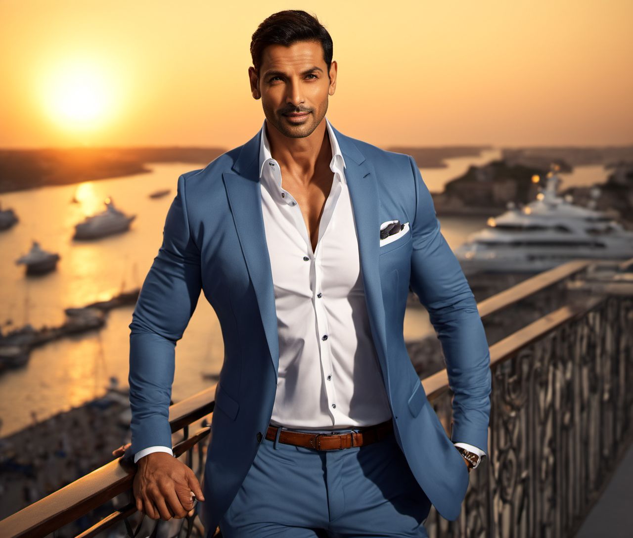 Nautical-themed (Photo:1.3) of (Ultrarealistic:1.3) <lora:Man_Men_FFashion:1> John Abraham a man <lora:John-Abraham:1> in a blue suit standing on a balcony, handsome man, attractive man, handsome male, sun behind him, inspired by Pablo Munoz Gomez, shot at golden hour, editorial photograph, midshot of a hunky, by Roman Bezpalkiv, by Artur Tarnowski, maxim sukharev, by Gabor Szikszai,Highly Detailed,(Mono Color:1.3) . Sea, ocean, ships, maritime, beach, marine life, highly detailed