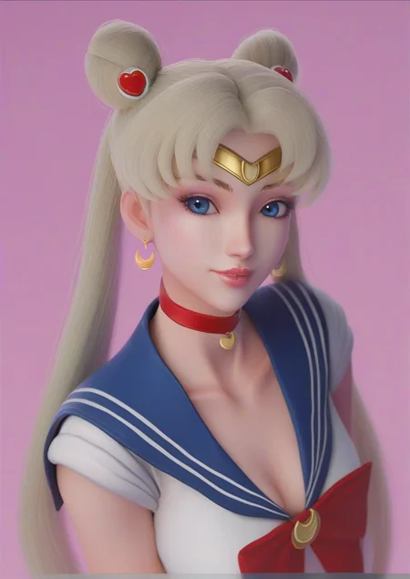 1girl, sailor moon, tsukino usagi, by kodoto, 3d, blue sailor collar, choker, circlet, crescent, crescent earrings, diadem, earrings, hair over shoulder, heart, heart choker, jewelry, letterboxed, meme, parted bangs, red choker, sailor collar, sailor moon redraw challenge (meme), sailor senshi uniform, solo, upper body, <lora:Maskeythat_maskey:1>