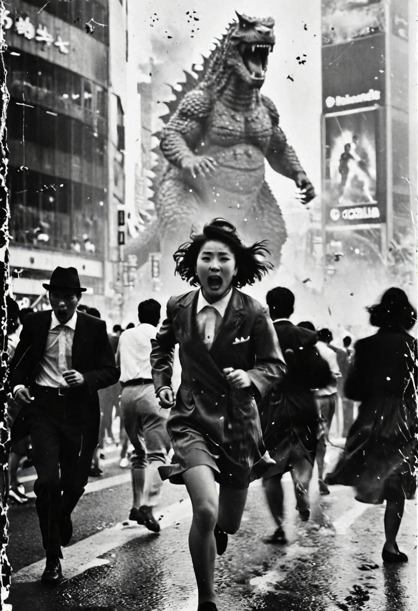 B&W 35mm vintage photo of Shibuya crossing, people run in panic, face expressions visible, godzilla attack, panic everywhere, panic in every face, everyone running in panic, running for their lives