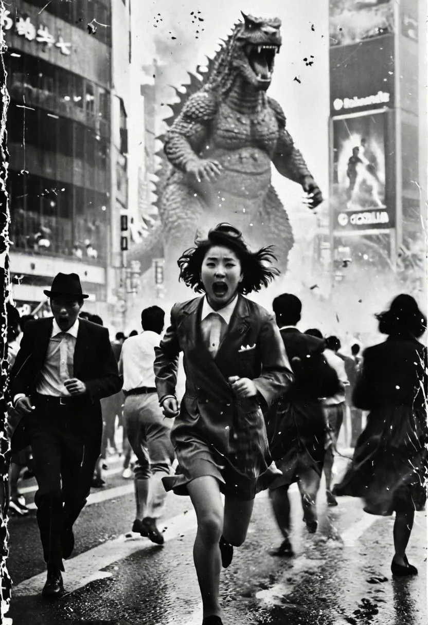 B&W 35mm vintage photo of Shibuya crossing, people run in panic, face expressions visible, godzilla attack, panic everywhere, panic in every face, everyone running in panic, running for their lives