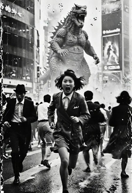 B&W 35mm vintage photo of Shibuya crossing, people run in panic, face expressions visible, godzilla attack, panic everywhere, panic in every face, everyone running in panic, running for their lives