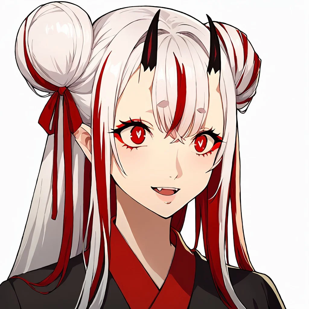 Score_9, score_8_up, score_7_up, source_anime, cowboy shot, masterpiece, best quality, upper body, portrait, (white background), solo, solo focus, 1girl, ((white hair)), (((long hair,))), (((hair down))), ((((little buns)))), (((double little bun:0.5))), (((little bun:1.2))), ((low double bun:0.5)), ((bun tails:0.5)), (((hair ribbon))), (((straight hair))), unruly hair, fluffy hair, ((hair straight down)), (hair between eyes), (((scarlet eyes))), (((bright pupils))), ((red string on bangs:1.3)), (colored bangs), (red bangs), (((straight bangs))), fang, sexy smile, open mouth, two colored hair, ((two-tone hair)), ((streaked hair:1.3)), (multicolored hair), red hair, ((red eye tattoos)), (red colored inner hair), <lora:colored inner hair:1>, ((red hair tips)), (((red and black open kimono))), open clothes, open shoulders, (((oni))), (((oni white horns))), (((orange makeup))), red eyelashes, sharp ears, ((half open forehead)), (((bangs to the left)))