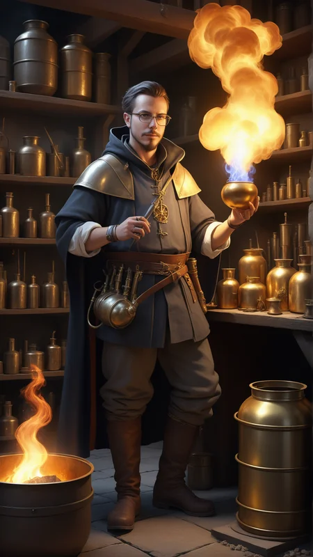 fantasy, archaeology  theme, <lora:ExpeditionStyleXL:1> ExpeditionStyle portrait, looking at viewer, solo, (full body:0.6), detailed background, detailed face, (<lora:ToxicPunkAI:0.6>, ToxicPunkAI theme:1.1), medieval alchemist,  workshop in background, alchemical implements, metal container,  tubes,   posion,  fumes, gold], flaming liquid,    technology, magical fantasy atmosphere,