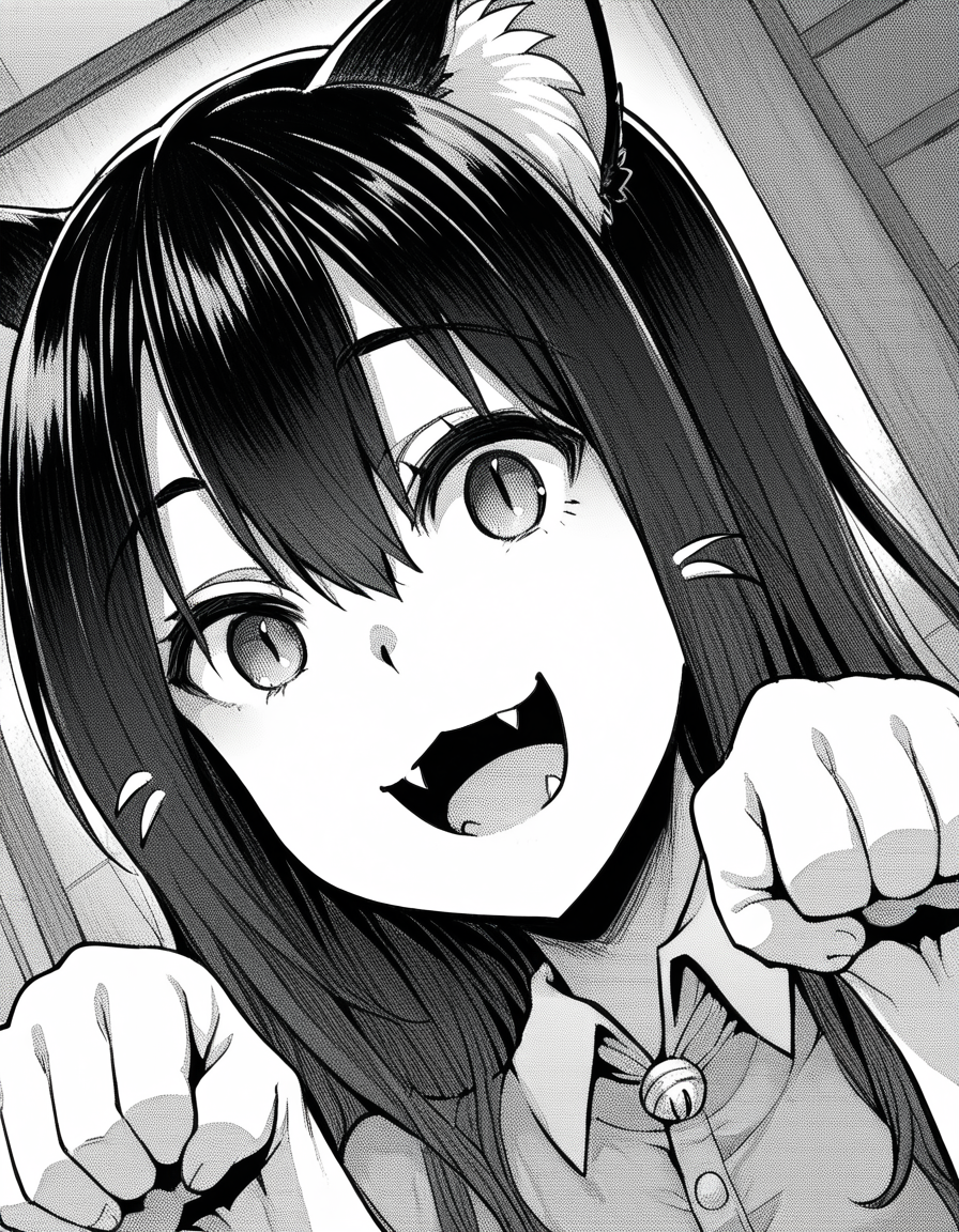 score_9, score_8_up, score_7_up, source_anime, sakiyoshida, <lora:saki-yoshida-manga-ponyxl-lora-nochekaiser:1>, saki yoshida, long hair, hair between eyes, monochrome, greyscale, black hair,, <lora:paw-pose-ponyxl-lora-nochekaiser:1>, paw pose, cat ears, cat tail, animal ears, tail, cat girl, open mouth, fang, whiskers,, indoors, smile,, cowboy shot, dutch angle, looking at viewer,