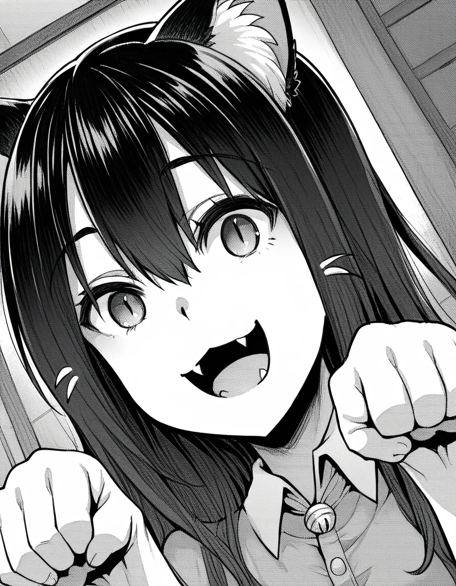 score_9, score_8_up, score_7_up, source_anime, sakiyoshida, <lora:saki-yoshida-manga-ponyxl-lora-nochekaiser:1>, saki yoshida, long hair, hair between eyes, monochrome, greyscale, black hair,, <lora:paw-pose-ponyxl-lora-nochekaiser:1>, paw pose, cat ears, cat tail, animal ears, tail, cat girl, open mouth, fang, whiskers,, indoors, smile,, cowboy shot, dutch angle, looking at viewer,