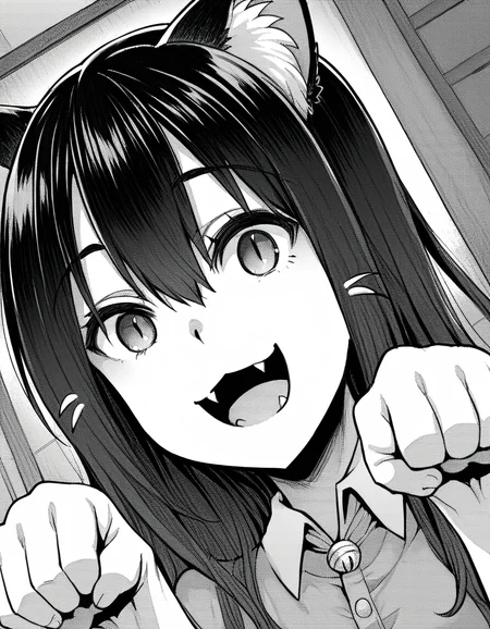 score_9, score_8_up, score_7_up, source_anime, sakiyoshida, <lora:saki-yoshida-manga-ponyxl-lora-nochekaiser:1>, saki yoshida, long hair, hair between eyes, monochrome, greyscale, black hair,, <lora:paw-pose-ponyxl-lora-nochekaiser:1>, paw pose, cat ears, cat tail, animal ears, tail, cat girl, open mouth, fang, whiskers,, indoors, smile,, cowboy shot, dutch angle, looking at viewer,