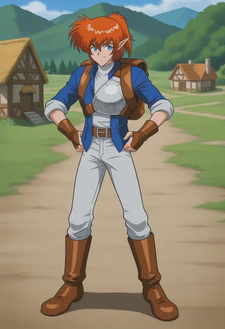 1boy, solo, alundrapsone, orange hair, ponytail, blue eyes, pointy ears, jacket, sleeves rolled up, shirt, turtleneck, armor, belt, backpack, fingerless gloves, pants, boots, outdoors, village, hands on hips, smile, full body, standing,