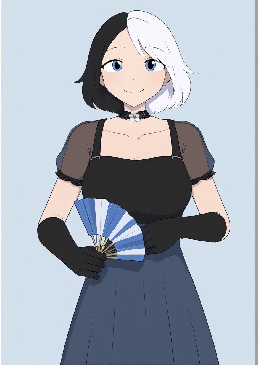 1girl, juufuutei raden, huge breast, black gloves, black hair, blue eyes, choker, copyright notice, flower, gloves, hand fan, lace, lace choker, multicolored hair, smile, solo, two-tone hair, white hair, handfixer <lora:HandFixer_pdxl_Incrs_v1:1> <lora:Sour_Lemonade:1>