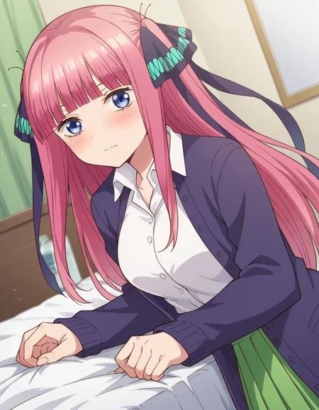 score_9, score_8_up, score_7_up, source_anime,
ninonakano, <lora:nino-nakano-s1-ponyxl-lora-nochekaiser:1>,
nino nakano, long hair, bangs, blue eyes, hair ornament, hair ribbon, pink hair, blunt bangs, two side up, butterfly hair ornament, mature female,
skirt, shirt, long sleeves, white shirt, pleated skirt, open clothes, collared shirt, sleeves past wrists, dress shirt, cardigan, green skirt, open cardigan, black cardigan,
indoors, bed, bed room, on side, blush, drunk,
looking at viewer, cowboy shot, dutch angle, solo,