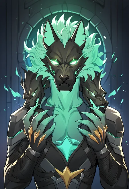 portrait of cerberus (fortnite), rating_safe, <lora:Cerberus_Fortnite_Pony:0.9>, 
Green body, Green Eyes,Glowing Eyes,Claws,tail,snake tail,
 dark interior, particles, castle scene,  cel shading, linear hatching,, score_9, score_8_up, score_7_up, score_6_up, score_5_up, score_4_up