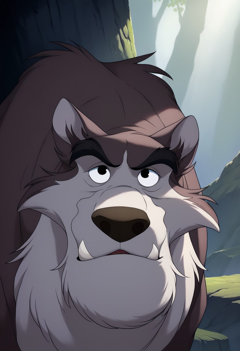 score_9, score_8_up, score_7_up, nuk (balto), feral, (soft shading), hi res, eyes focus, perfect eyes, black eyes, dark grayish fur, handsome