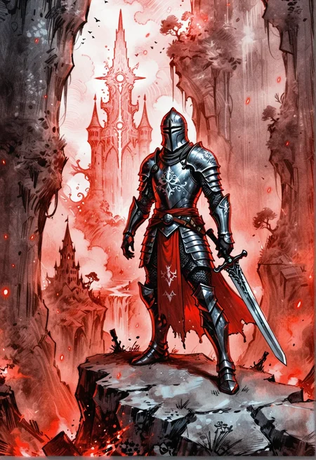 drawix18, fantasy illustration of a knight in full armor, wielding a huge glowing (greatsword:1.1) made of luminescent matter, iridescent blade covered in the photonic remains of slain nightmares, the knight's black armor is intricately detailed and covered in occult symbols, his pauldrons are large ethereal mirrors. He is standing at the edge of a cliff overlooking a surreal landscape made of fragments of forgotten dreams and fractures of reality. Red mist permeates the air and the light is ominously fateful, dynamic and dramatic <lora:dmd2_sdxl_4step_lora> <lora:xl_drawix18>