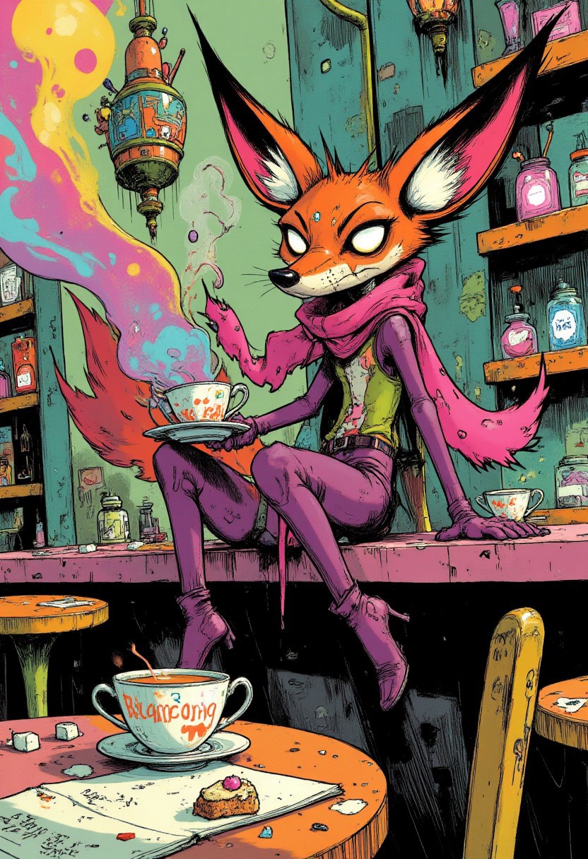 A sly fox lounges atop a cluttered counter, a teacup in hand swirling with vibrant, mystical fumes. The room buzzes with eccentric charm, potion bottles, scattered sugar cubes, and a forgotten pastry hint at a peculiar mix of alchemy and afternoon tea. The fox’s piercing gaze dares you to question their story as if they’re the keeper of secrets too whimsical to believe.
