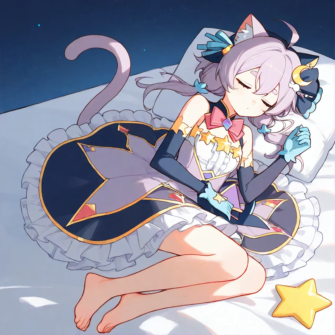 score_9, score_8_up, score_7_up, source_anime, wallpaper, BREAK,
(1girl:1.2), solo, <lora:PrismSaltIllustTest0.0.2 EA 4LR16EP:1>, salt\(maimai\), thick eyebrows, ahoge, hair between eyes, expressionless,
cat ears, cat tail, animal ear fluff, green eyes, (grey purple hair:1.1), hair ornament, small breasts, star ribbon,star \(symbol\), star decorations,
crescent hair ornament, blue elbow gloves, frills, <lora:HandFixer_pdxl_Incrs_v1:0.6>,
(starry background:1.2), masterpiece, best quality, extremely detailed, full body, sleeping, on bed, closed eyes,
<lora:StS_PonyXL_Detail_Slider_v1.4_iteration_3:1>, <lora:delicate:1>,