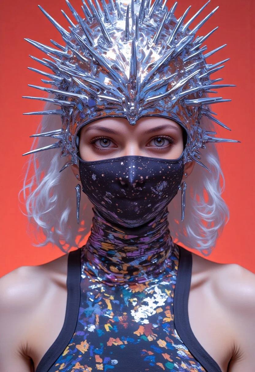 A hyper-realistic close-up portrait in HD, 8K, capturing a futuristic woman with a fractured, asymmetrical mask resembling delicate silver crystals. The mask features jagged chrome spikes extending outward in chaotic, neural-like patterns, adding a sharp, dynamic edge to her smooth, porcelain skin. She wears an avant-garde suit entirely composed of intricate dots and lines, a masterpiece of digital precision rendered in at least 12 vibrant colors: sapphire blue, ruby red, emerald green, golden yellow, amethyst purple, coral pink, aquamarine teal, obsidian black, pearl white, burnt orange, silvery gray, and deep violet. These colors interweave seamlessly in mesmerizing patterns, giving her attire a vivid, kinetic energy. Her shoulder-length white hair falls softly, its clean, sleek texture contrasting the vibrant complexity of her clothing. The background is a luminous gradient of crimson red, emphasizing her ethereal and futuristic presence. Subtle yet directional lighting enhances the vivid details of the dots and lines while casting gentle shadows that accentuate the crystalline sharpness of her mask. The overall scene radiates a surreal, icy elegance, blending futuristic artistry with intricate, kaleidoscopic design. (xijie_blue, mythp0rt, dynamic pose)