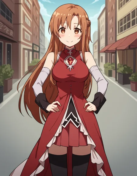 score_9, score_8_up, score_7_up, source_anime, asunayuuki, <lora:asuna-yuuki-s1-ponyxl-lora-nochekaiser:1>, asuna yuuki, long hair, brown hair, brown eyes, medium breasts,, <lora:sakura-kyoko-cosplay-ponyxl-lora-nochekaiser:1>, sakura kyoko cosplay, sakura kyoko (cosplay), black thighhighs, cosplay, detached sleeves, dress, frilled dress, frills, long sleeves, magical girl, miniskirt, pleated skirt, red dress, red skirt, sideboob, skirt, skirt under dress, sleeveless, sleeveless dress, thighhighs, zettai ryouiki,, streets, outdoors, smile, blush, hands on own hips,, cowboy shot, looking at viewer,