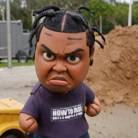 <lora:Clay Animation:1> clay, animation, claymation <lora:mkybrxl:1> mkybr, male focus, 1boy, dark-skinned male, small braids sticking out on head, photo background fat black man, with a dump truck behind him, truck has logo that says "trauma Dump"