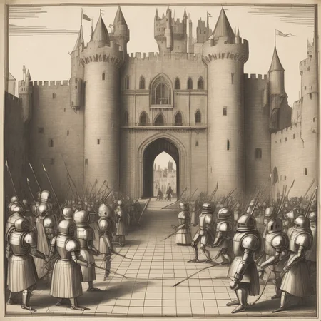 A Renaissance scene, but with robots. They wear armor, hold lances, and duel in front of a castle. Simplistic, geometric representation