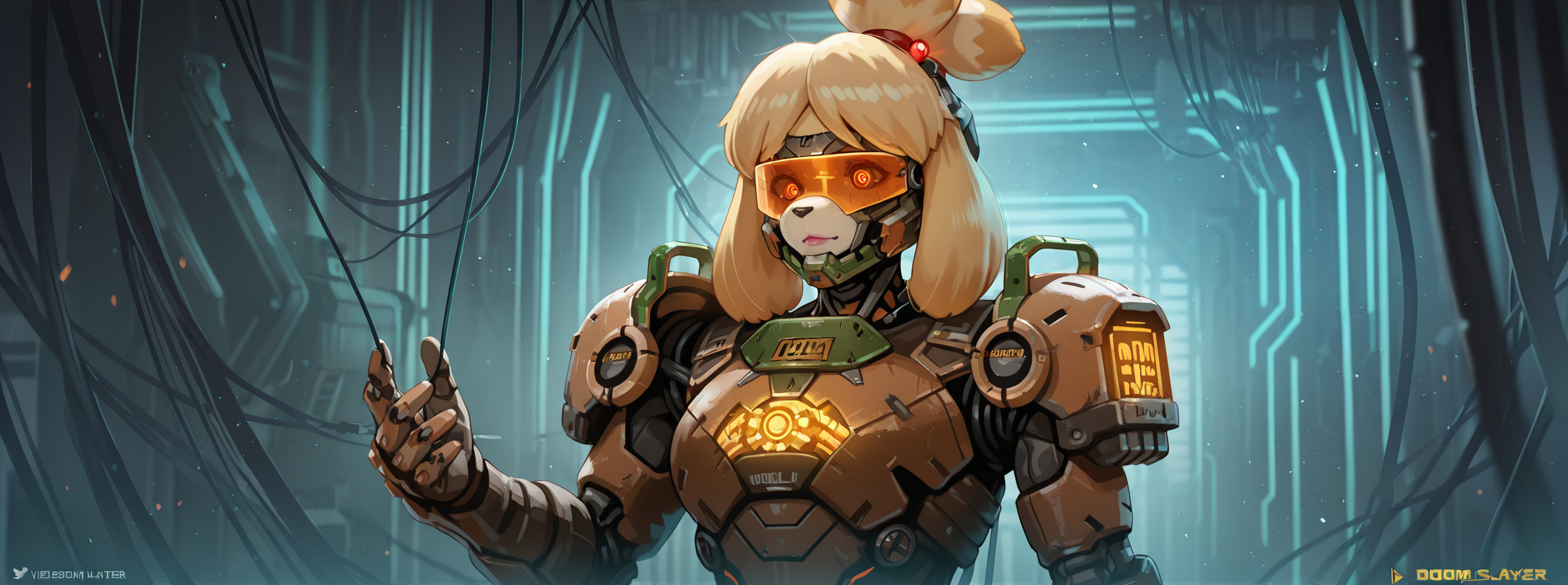 ultra detailed, masterpiece, best quality, solo, 1female, furry, isabelle, doom slayer armor, multicolored, adult, prosthetic limb, neon glowing clothes, makeup, eye visor, neon glowing intricate details, volumetric lighting, pose, proud, futuristic, cyberpunk, indoors, moist, particles, machines, cables, technology, futuristic room, particles, darkness,  out of frame, close-up, <lora:Steamed_Egg_Style_IL:1>