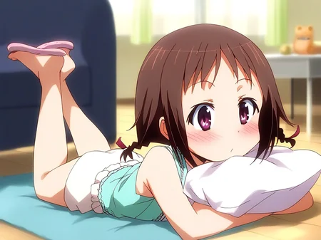 score_9, score_8_up, score_7_up, source_anime, rating_explicit, BREAK <lora:Wakana_Misato_XL:1> Wakana_Misato, brown hair, short hair, twin braids, purple eyes,
1girl, slippers, solo, lying, on stomach, >_<, blush, pillow, barefoot, indoors, sleeveless, long pants,
home in the room,