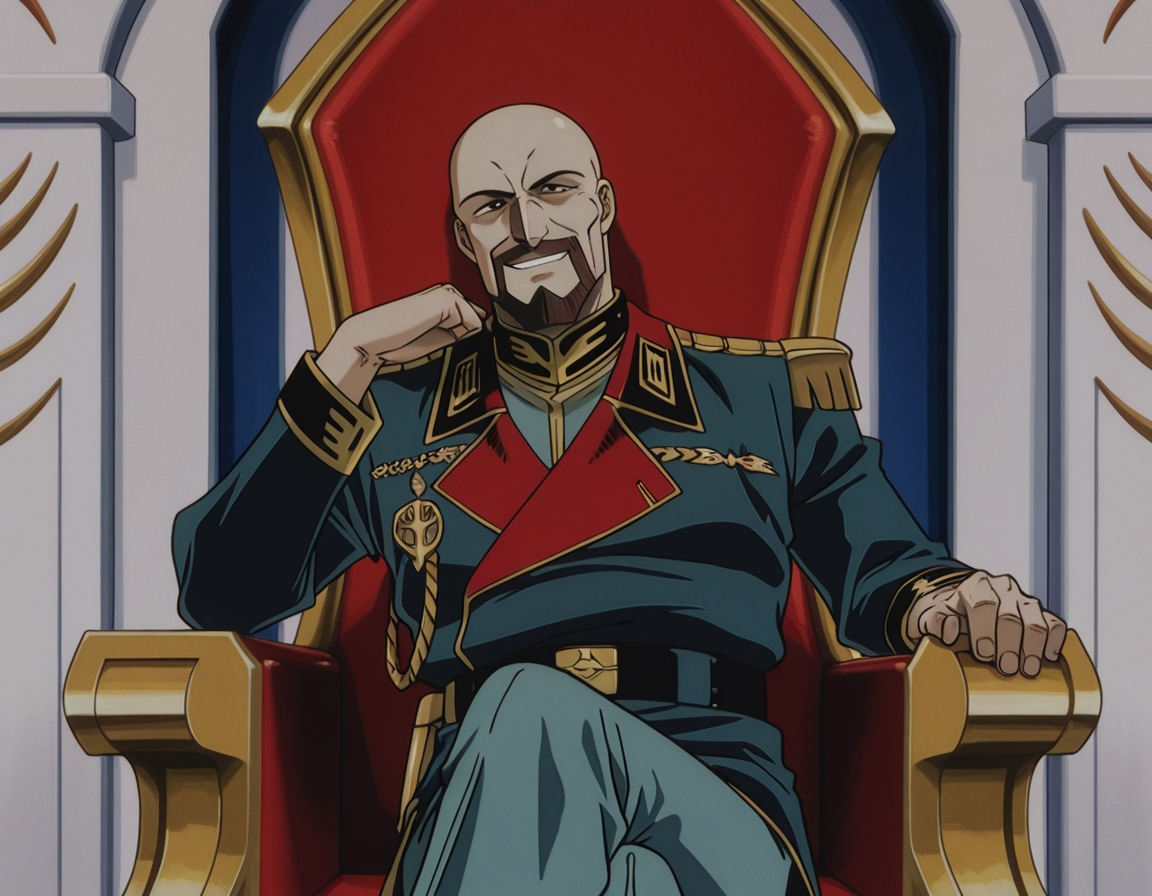 <lora:IL_Aiguille_Delaz:1>,1man,Aiguille Delaz,General's uniform,throne,sitting,smile,leaning to the side,crossed legs,bald,
facial hair,
brown hair,
black eyes,adult,elder,, masterpiece,best quality,amazing quality,uncensored