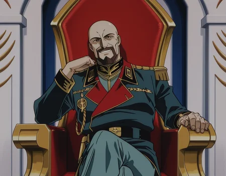 <lora:IL_Aiguille_Delaz:1>,1man,Aiguille Delaz,General's uniform,throne,sitting,smile,leaning to the side,crossed legs,bald,
facial hair,
brown hair,
black eyes,adult,elder,, masterpiece,best quality,amazing quality,uncensored