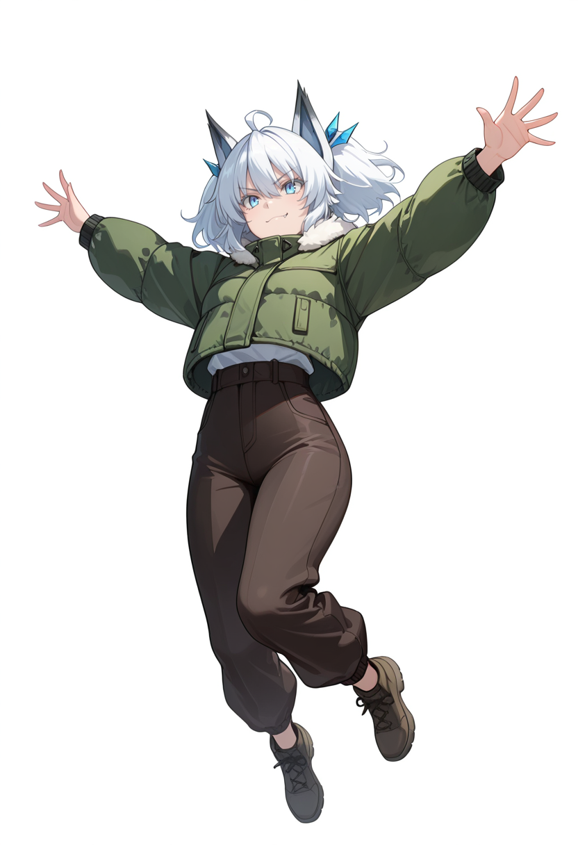 Smooth Quality,masterpiece,very intricate, high quality details, ultra realistic, high detailed skin,detailed enviorement,absurdres,
simple background, white background, 
dutch angle,jumping, arms open, legs bent, smiling, midair,  ,scowl,
puffer jacket,  ,trench coat, ,high-waist pants, ,
 <lora:Setsuna_cnn:0.8>setsunacnn,1girl, short hair, hair between eyes,blue eyes, white hair, ahoge, twintails, fang,fur trim,