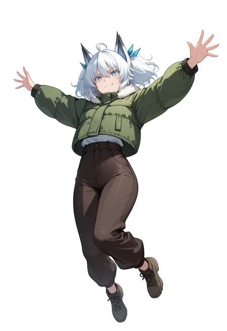 Smooth Quality,masterpiece,very intricate, high quality details, ultra realistic, high detailed skin,detailed enviorement,absurdres,
simple background, white background,
dutch angle,jumping, arms open, legs bent, smiling, midair, ,scowl,
puffer jacket, ,trench coat, ,high-waist pants, ,
<lora:Setsuna_cnn:0.8>setsunacnn,1girl, short hair, hair between eyes,blue eyes, white hair, ahoge, twintails, fang,fur trim,