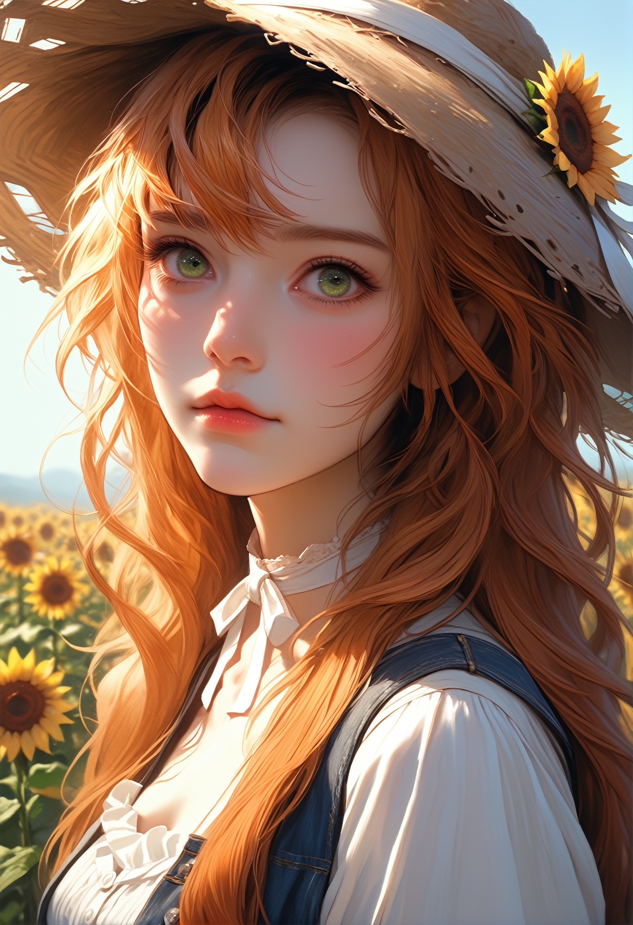 ASCII, photorealistic, OLED, score_9, score_8_up, score_7_up, score_6_up, 1girl, green eyes, copper hair, bangs, strands of hair falling over the face, long hair, straw hat with sunflower, ((close up, standing)), medium breasts, simple grey background <lora:SnowFoxeij-000006:0.4>, white ribbon choker, looking to viewer, cute face, blue dungarees, jeans dungaree