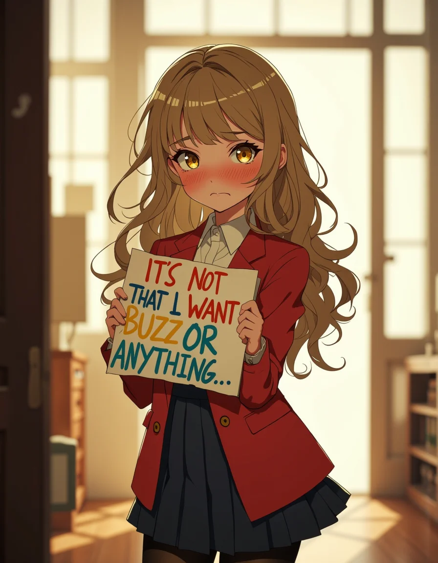 A petite anime girl with delicate proportions stands in the center of the frame. She has long, wavy light brown hair cascading past her waist, and soft bangs framing her extremely flushed, pouty face. Her golden-brown eyes are turned to the side, avoiding the camera with obvious reluctanceâshe refuses to make eye contact, cheeks heavily glowing with embarrassment. Her lips are pressed into a slight frown, she is biting her own lower lips, and there's a subtle tremble in her posture, caught between extreme shyness and irritation.
She wears a red blazer over a crisp white shirt, a navy pleated skirt, and black stockings. Her body is slightly turned away, as if trying to act indifferentâbut it's obvious sheâs flustered. She's holding a handmade papercraft sign close to her chest, gripping it tightly with both hands. The sign reads in big, colorful crayon letters: "IT'S NOT THAT I WANT BUZZ OR ANYTHING..." She looks like sheâs about to snap, but also like she spent hours making the sign in secret.
<lora:Anime Art V3_1279322:1> Anime art
anime art, soft lighting, shallow depth of field, full body, centered composition