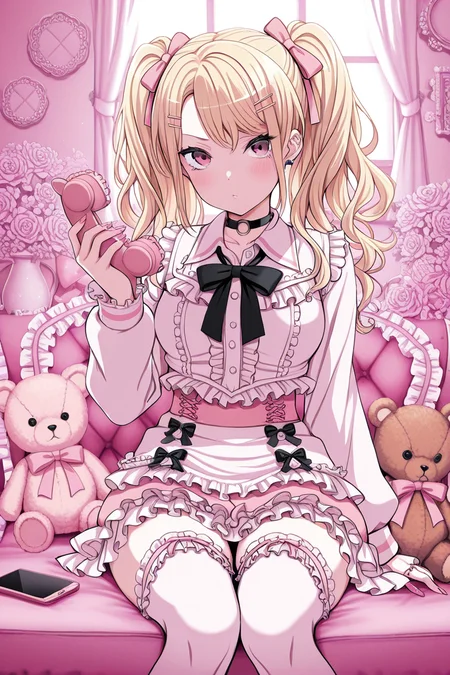 masterpiece, best quality, amazing quality,
<lora:Touko_IL:1> touko, 1girl, blonde hair, teddy bear, solo, stuffed toy, stuffed animal, twintails, phone, thighhighs, hair ornament, sitting, frills, flower, hairclip, bow, looking at viewer, holding, gyaru