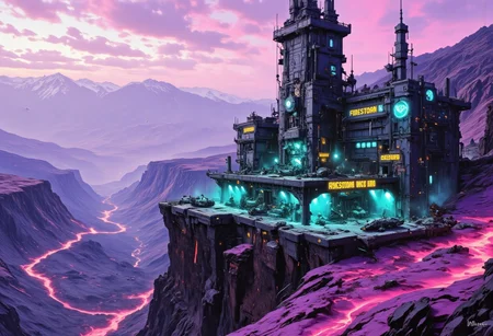 OBxiaoxiang, CAICO, inksketch purple and gray theme, Abstract digital painting in the style of ck-js, detailed photorealistic image, a sci-fi Miningstation of colossal buildings and towers in a barren lavender lush landscape, looking like an Mining Outpost perched at the Cliff, a smelter attached to the structures, of a volcanic cliff, its sleek towers a stark contrast to the cliffs surrounding it. The planet’s sun casts a vivid, cyan surreal light across the station, while deep fissures reveal glowing rivers of molten pink lava far below. The sky is a surreal shade of black and purple, dark glowing diodes and lights ((dark glowing diodes, lights and neon signs), Firestorm Inc. written on the neon signs), attached to the building is a landing field with 3 Spaceships landed on it, Dragonkin like creatures are around fixing some spaceships, two moons hanging low in the horizon, each reflecting light off the surface, large depth of field. The sky is a dark pink, with 2 broken moons hanging low in the horizon <lora:more_details>
realistic, detailed background, shaded, detailed, hi res, realistic, photography \(artwork\), (by kenket), by ross tran, by michael & inessa garmash, by pino daeni, by isvoc, by kiguri, by alena aenami, by ruan jia, (by zenthetiger, by wolfy-nail), by Enki Bilal, by drmax, photorealism, <lora:add_detail:1.3