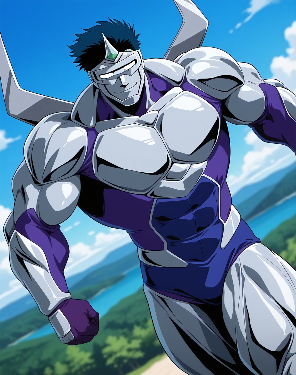 <lora:Airis_(Shinzo)_(Illustrious)_(AD):1.35> Airis, muscular, Shinzo, 
exterior, vivid anime blue sky with detailed clouds, forest, lake, ground made of mercury metal, 
dynamic action, dutch angle, solid white eyes, smile, solo, eye mask, cowboy shot, bent leg, metal body, metal skin, hyper glossy body, hyper glossy ski, 
large biceps, large muscular shoulders, large muscular arms, large muscular thighs, 
BREAK: very awe, aesthetically pleasing, masterpiece, best quality, amazing quality, very aesthetic, perfect depth of field shot, subsurface reflections, gradient coloring, 
BREAK: lazympos, lazypos (3),