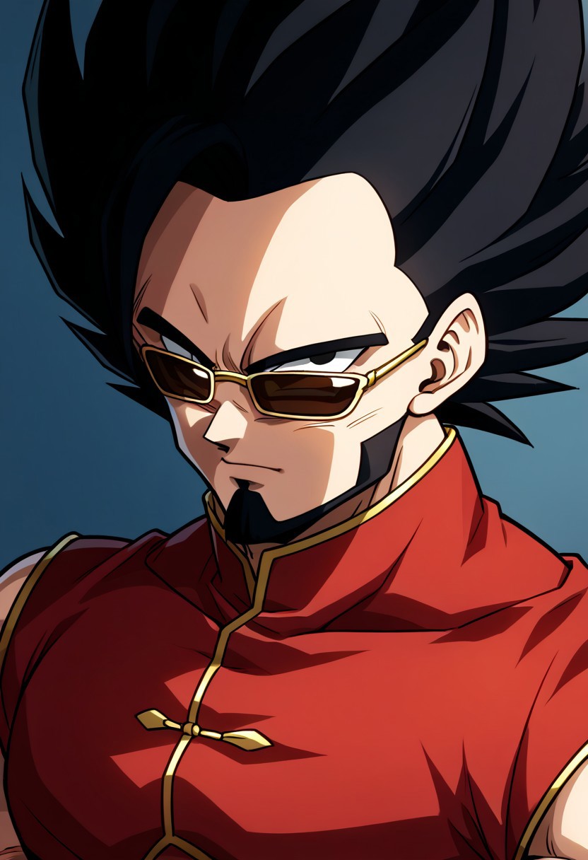 soulr, ((perfect anatomy)), detailed, perfection, bold lines, sharp eyes, solo, angle,  score_9, score_8_up, score_7_up, detailed, perfection, bold lines, sharp eyes, 1boy, solo, hardboiled, delinquent, (vegeta hair), (beard), dougi, chinese clothes, sunglasses
