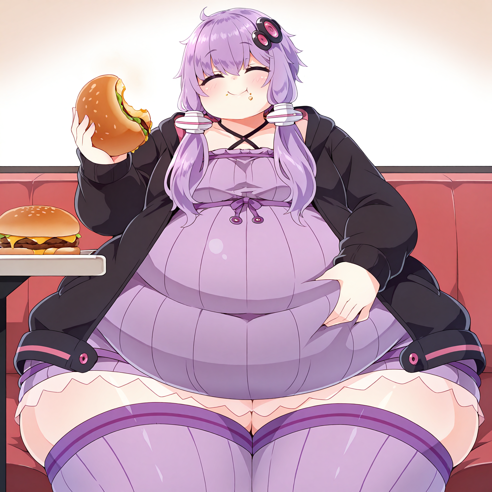 (masterpiece), best quality, (highly detailed), 1female, solo, <lora:KonbuLatte_style_Illustrious:0.8>, <lora:ReFat_v2:1>, yuzuki yukari, short hair with long locks, purple hair, eyes closed, hair ornament, criss-cross halter, purple dress, black jacket, hooded jacket, long sleeves, purple thighhighs, fat, obese, immobile, huge belly, WeightImmobile, restaurant, sitting, holding cheese burger, thick thighs, huge thighs, stuffed mouth, very happy, smile, hand on belly,